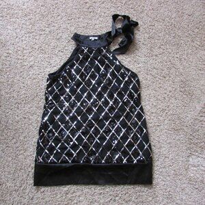 NWOT Studio Y Medium Black Silky Full Sequin Sleeveless Ties At Side Neck Top